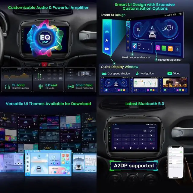 Alt view image 5 of 7 - 9 Android Car Stereo for Jeep Renegade 2015-2020, Octa Core, 4+64GB | Android 14 Head Unit, CarPlay Android Auto, GPS Navigation, Support Bluetooth, DSP, 4G LTE, OBD2 DVR TPMS Backup Camera