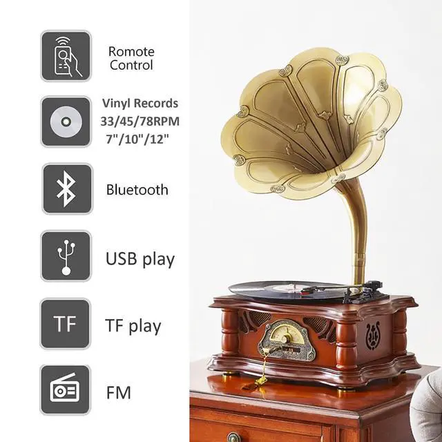 Alt view image 2 of 7 - Vintage Gramophone Record Player, Retro Turntable Record Players, Wooden Phonograph Vinyl Music Player,Decorative Gramophone Player with USB Play & Remote Control for Home/Christmas/Party
