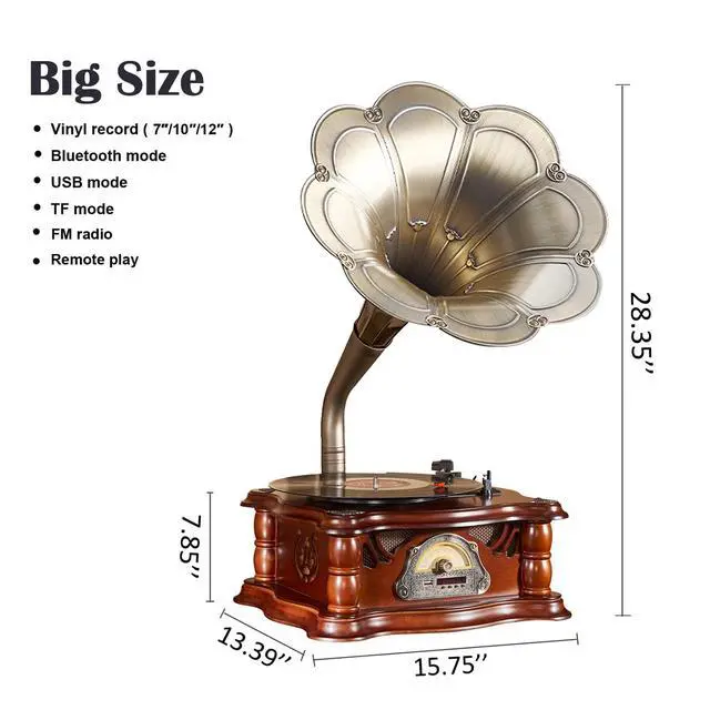 Alt view image 3 of 7 - Vintage Gramophone Record Player, Retro Turntable Record Players, Wooden Phonograph Vinyl Music Player,Decorative Gramophone Player with USB Play & Remote Control for Home/Christmas/Party