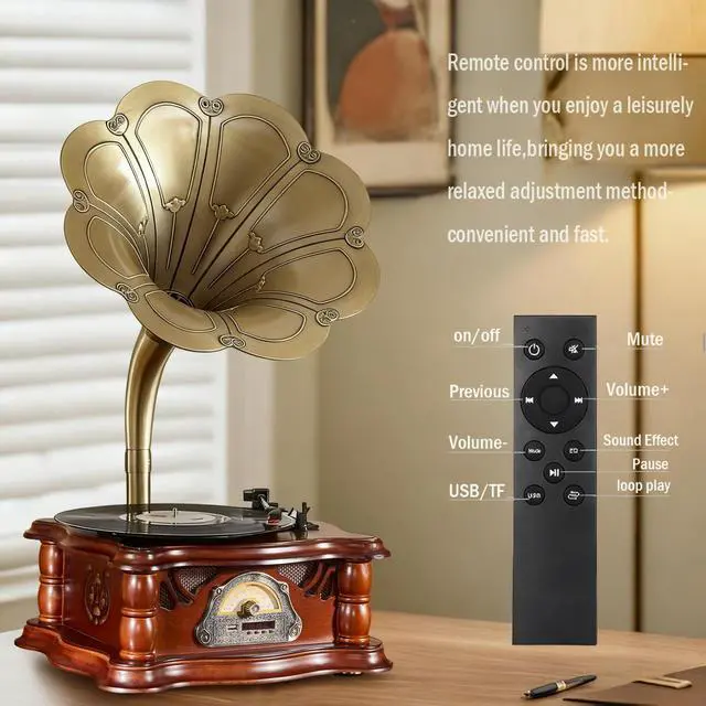 Alt view image 5 of 7 - Vintage Gramophone Record Player, Retro Turntable Record Players, Wooden Phonograph Vinyl Music Player,Decorative Gramophone Player with USB Play & Remote Control for Home/Christmas/Party