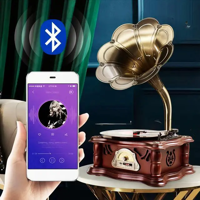 Alt view image 6 of 7 - Vintage Gramophone Record Player, Retro Turntable Record Players, Wooden Phonograph Vinyl Music Player,Decorative Gramophone Player with USB Play & Remote Control for Home/Christmas/Party