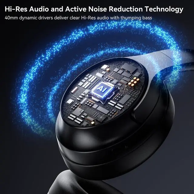 Alt view image 6 of 7 - Hybrid Active Noise Cancelling Headphones, Wireless Headphones Bluetooth 5.4 with Transparent Mode, Hi-Res Audio, Deep Bass, 70H Playtime Over Ear Bluetooth Headset for Work/Travel/Home/Office