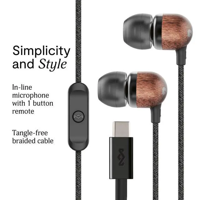 Alt view image 2 of 7 - House of Smile Jamaica USB-C Wired Earbuds with Microphone, in-Ear Headphones, 9.2mm Driver, Tangle-Resistant Cable, Plug-and-Play Earphones for Smartphones, Tablets & Laptops (Black)