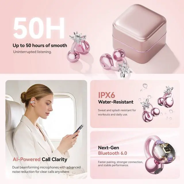 Alt view image 4 of 7 - Clip On Earbuds with Detachable Butterfly Earrings & LED Makeup Mirror Case, Wireless Earbuds Bluetooth 6.0, Air Conduction Headphones, Lightweight for Travel Work Daily Use,Great Gift Choice
