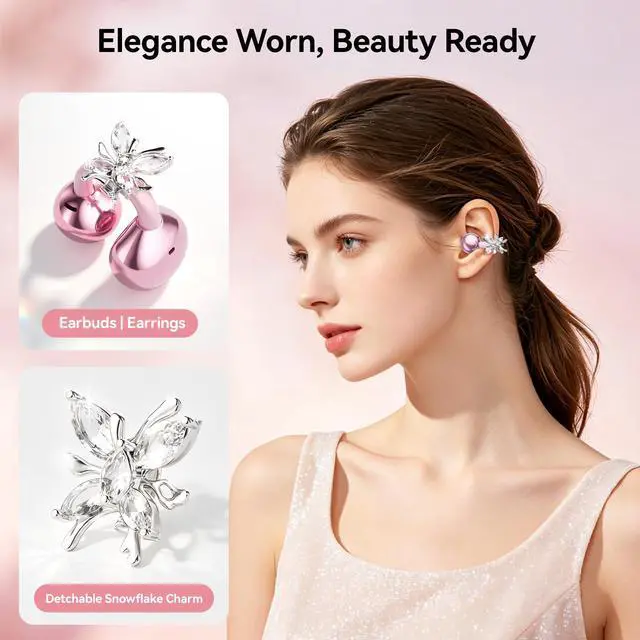 Alt view image 2 of 7 - Clip On Earbuds with Detachable Butterfly Earrings & LED Makeup Mirror Case, Wireless Earbuds Bluetooth 6.0, Air Conduction Headphones, Lightweight for Travel Work Daily Use,Great Gift Choice