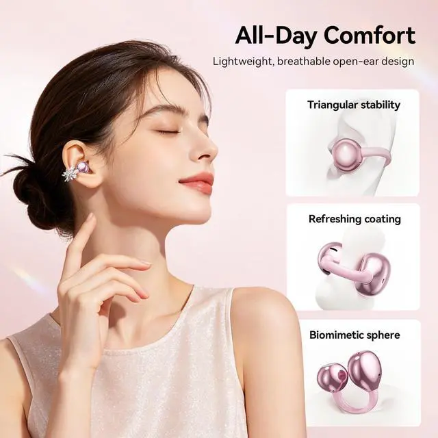 Alt view image 7 of 7 - Clip On Earbuds with Detachable Butterfly Earrings & LED Makeup Mirror Case, Wireless Earbuds Bluetooth 6.0, Air Conduction Headphones, Lightweight for Travel Work Daily Use,Great Gift Choice