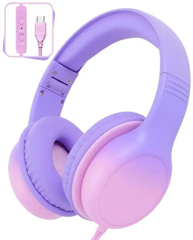 Main image of USB C Over Ear Kids Headphones with HD Mic, Safe Volume Limited Wired Headphones for School, Travel, Stereo Sound, Foldable Headphones for iPad, Laptop, PC, Purple-Pink