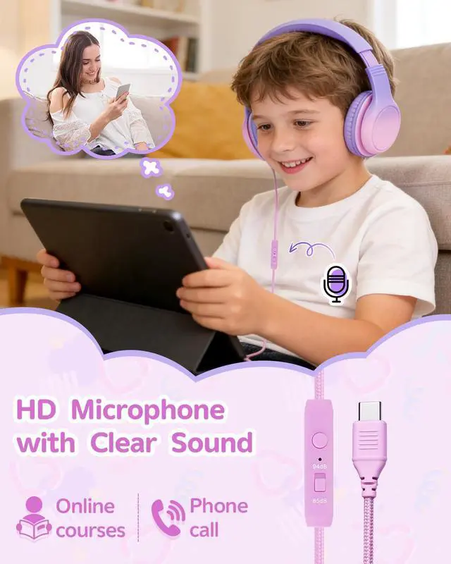Alt view image 3 of 7 - USB C Over Ear Kids Headphones with HD Mic, Safe Volume Limited Wired Headphones for School, Travel, Stereo Sound, Foldable Headphones for iPad, Laptop, PC, Purple-Pink