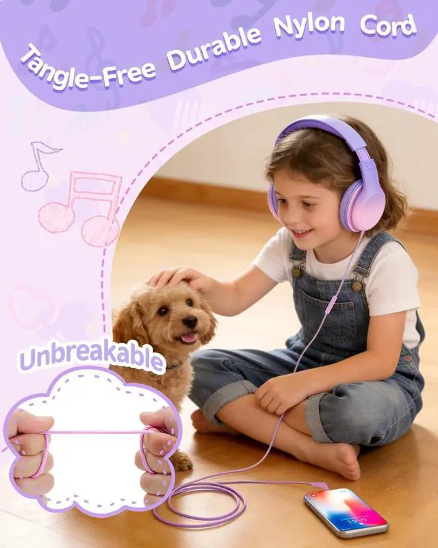Alt view image 4 of 7 - USB C Over Ear Kids Headphones with HD Mic, Safe Volume Limited Wired Headphones for School, Travel, Stereo Sound, Foldable Headphones for iPad, Laptop, PC, Purple-Pink