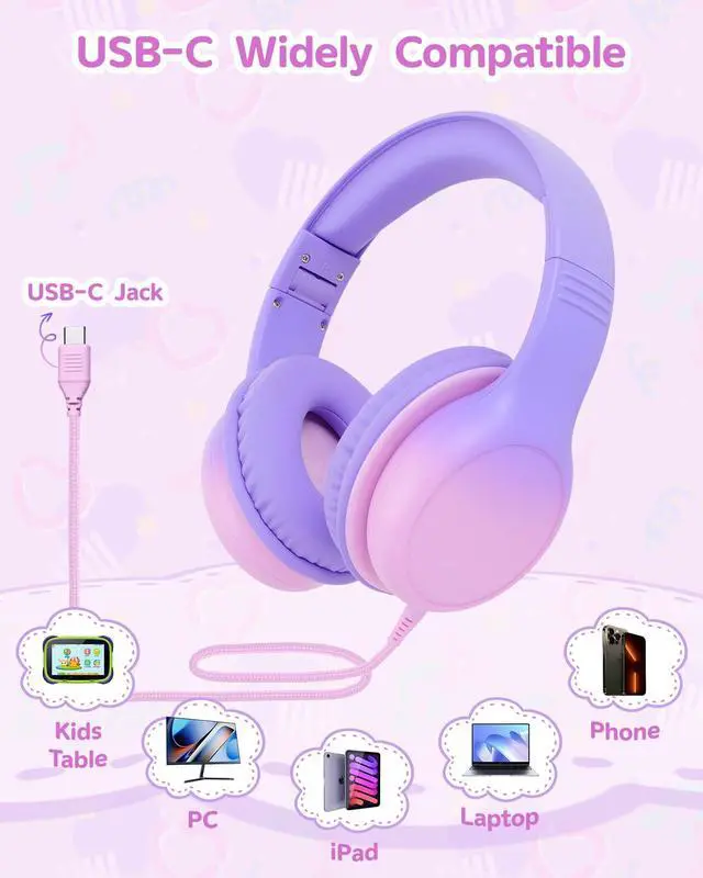 Alt view image 5 of 7 - USB C Over Ear Kids Headphones with HD Mic, Safe Volume Limited Wired Headphones for School, Travel, Stereo Sound, Foldable Headphones for iPad, Laptop, PC, Purple-Pink