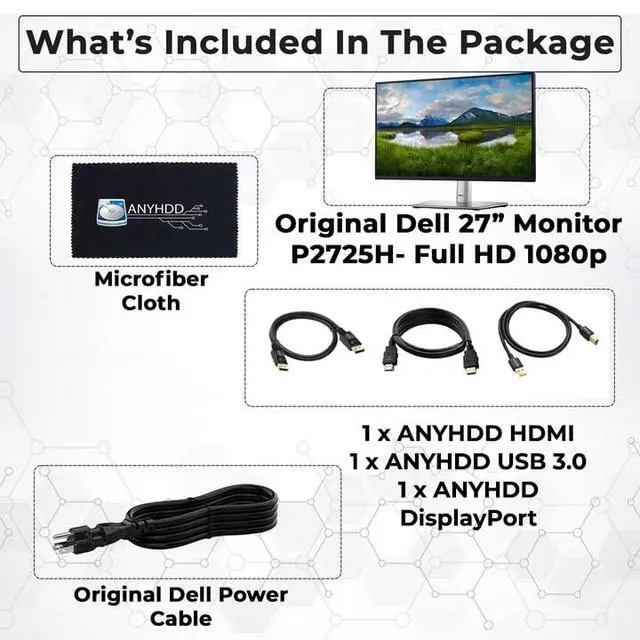 Alt view image 2 of 7 - Dell P2725H 27" Full HD 1920 x 1080 Monitor -, Computer Monitor Screen Bundle with Power Cable USB 3.0 Upstream Cable DisplayPort + HDMI Cables + Cloth