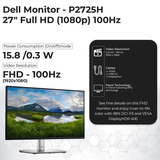 Alt view image 3 of 7 - Dell P2725H 27" Full HD 1920 x 1080 Monitor -, Computer Monitor Screen Bundle with Power Cable USB 3.0 Upstream Cable DisplayPort + HDMI Cables + Cloth