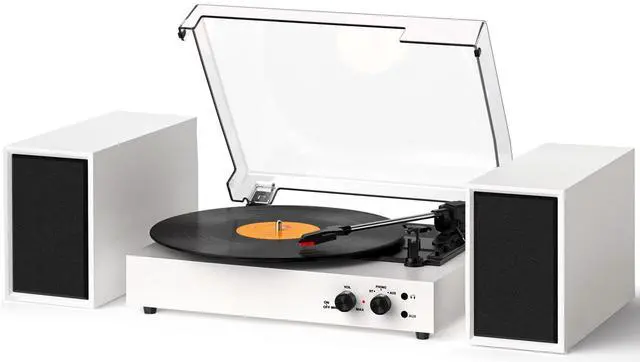 Main image of Bluetooth Record Player with External Stereo Speakers, Vintage 3-Speed Turntable | PC Recording Vinyl to MP3 | RCA Headphone Output & AUX Input for External Audio, White