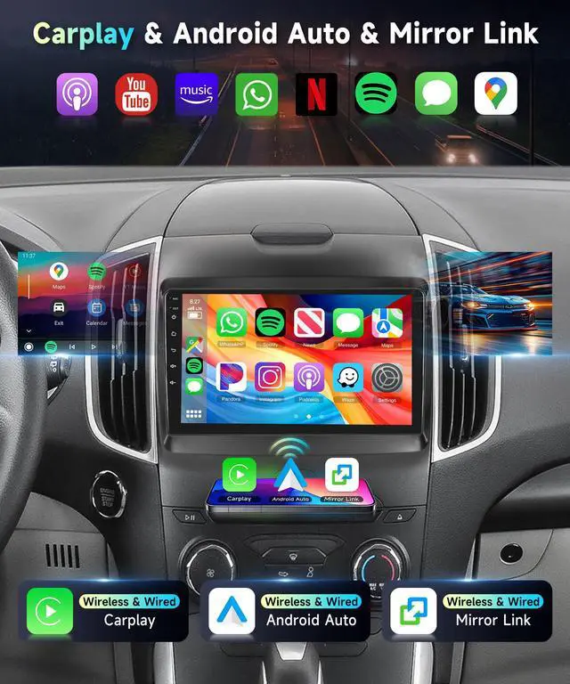 Alt view image 3 of 7 - 5Ghz WiFi Car Radio Stereo for Ford Edge 2016-2020 2+64G, 9" Touch Screen/Android 15/Wireless CarPlay/Android Auto/DSP EQ/GPS Navigation/Bluetooth/FM/RDS/SWC/HD Backup Camera