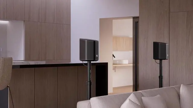 Alt view image 4 of 4 - Shockwafe Wireless 11.2.6 Speaker Stands (Set of 2) | Adjustable Height, Integrated Cable Management, Heavy Duty, For Shockwafe Wireless 11.2.6 Surround Soundbar System Surrounds
