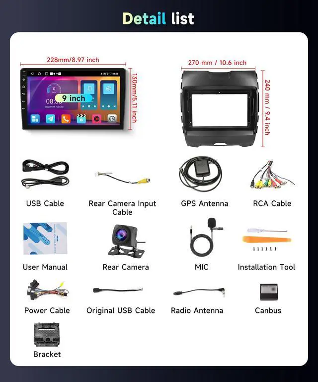 Alt view image 7 of 7 - 5Ghz WiFi Car Radio Stereo for Ford Edge 2016-2020 2+64G, 9" Touch Screen/Android 15/Wireless CarPlay/Android Auto/DSP EQ/GPS Navigation/Bluetooth/FM/RDS/SWC/HD Backup Camera