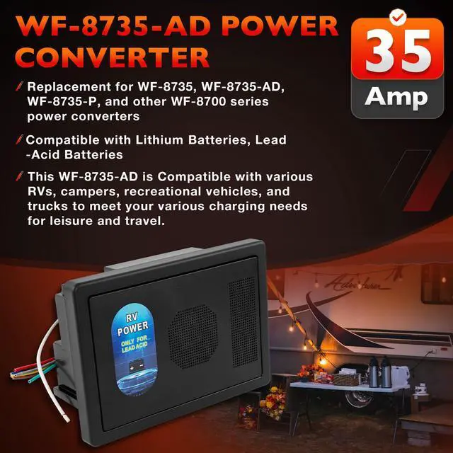 Alt view image 2 of 7 - RV Power Converter 30 Amp, WF-8735-AD 12V Converter Charger with Auto Detect for Lithium & Lead Acid Batteries, 35A DC Output, 3-Stage Charging, for RV Camper Travel Trailer