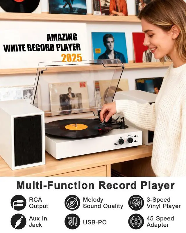 Alt view image 2 of 7 - Bluetooth Record Player with External Stereo Speakers, Vintage 3-Speed Turntable | PC Recording Vinyl to MP3 | RCA Headphone Output & AUX Input for External Audio, White