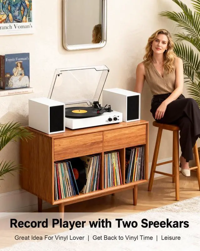 Alt view image 3 of 7 - Bluetooth Record Player with External Stereo Speakers, Vintage 3-Speed Turntable | PC Recording Vinyl to MP3 | RCA Headphone Output & AUX Input for External Audio, White