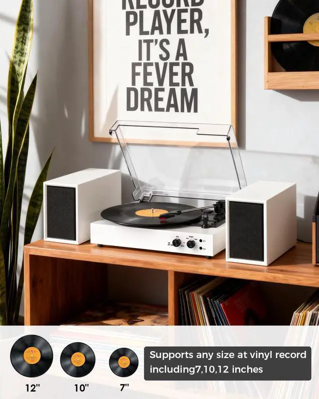 Alt view image 4 of 7 - Bluetooth Record Player with External Stereo Speakers, Vintage 3-Speed Turntable | PC Recording Vinyl to MP3 | RCA Headphone Output & AUX Input for External Audio, White