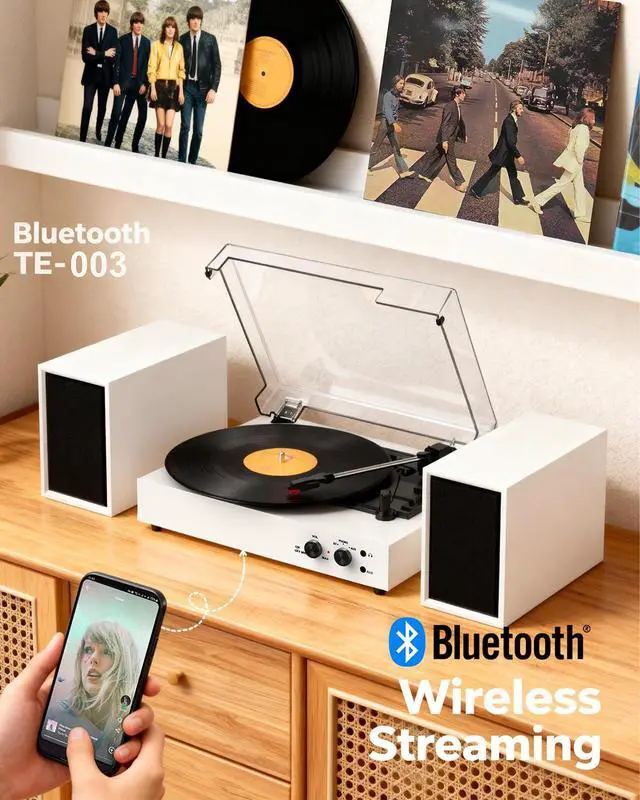 Alt view image 5 of 7 - Bluetooth Record Player with External Stereo Speakers, Vintage 3-Speed Turntable | PC Recording Vinyl to MP3 | RCA Headphone Output & AUX Input for External Audio, White