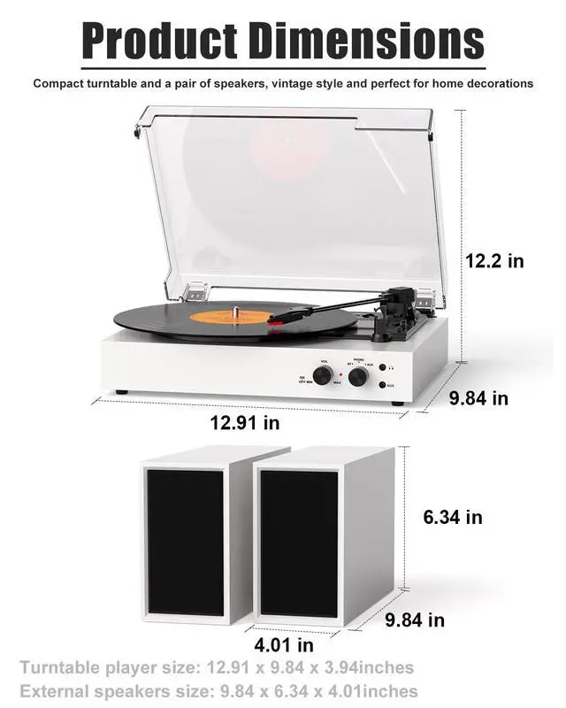 Alt view image 7 of 7 - Bluetooth Record Player with External Stereo Speakers, Vintage 3-Speed Turntable | PC Recording Vinyl to MP3 | RCA Headphone Output & AUX Input for External Audio, White