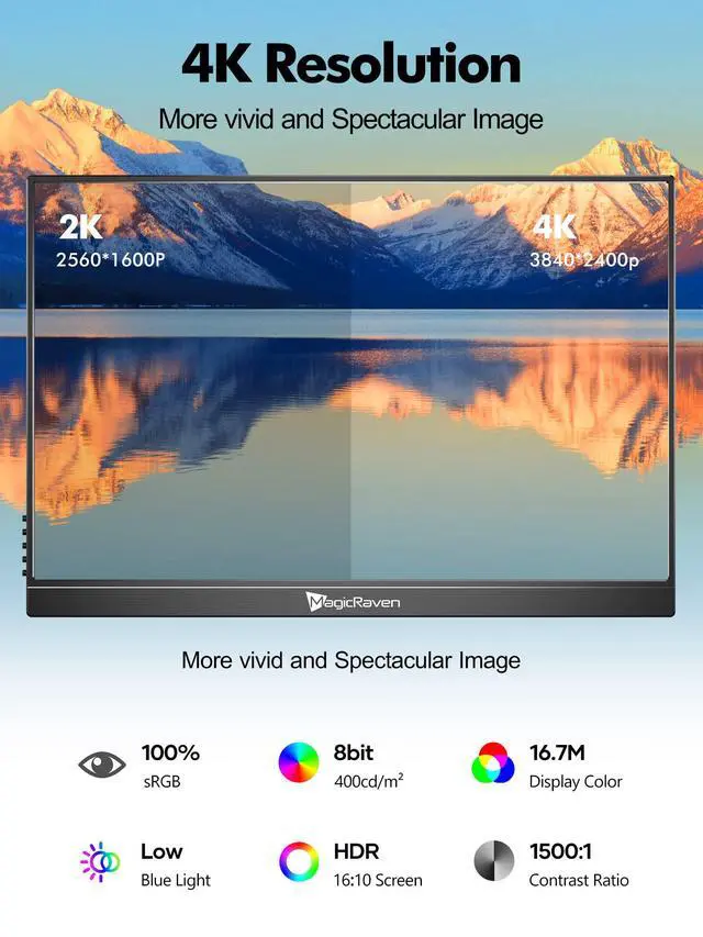Alt view image 2 of 7 - 4K Portable Monitor, 16" 3840x2400 IPS Laptop Screen, 1500:1, 400 Nits Screen USB C HDMI Computer Gaming Display with Speakers & Smart Cover, Travel Monitor for PC Phone PS5/4 Xbox Switch