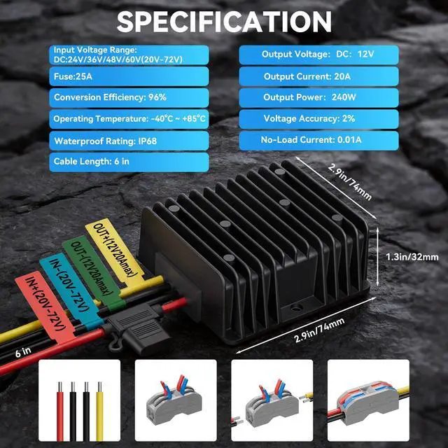 Alt view image 2 of 7 - 20A 240W 24V 36V 48V 60V to 12V Step Down Converter Voltage Regulator, 20-72V DC-DC Buck Converter Reducer with Fuse, Professional 12V Converter for Golf Cart, Scooter, RV, Forklift, Solar System