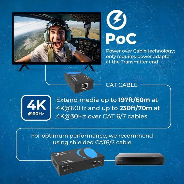 Alt view image 6 of 7 - 1×2 HDMI Extender Splitter Over Ethernet 4K60H 230ft Loop-Out POC EDID | HDMI Extender Over CAT6 HDMI 2.0b, HDCP 2.2, 18Gbps, HDR10+, Dolby Vision, HLG, 12-Bit Color, LPCM & DTS-HD Audio