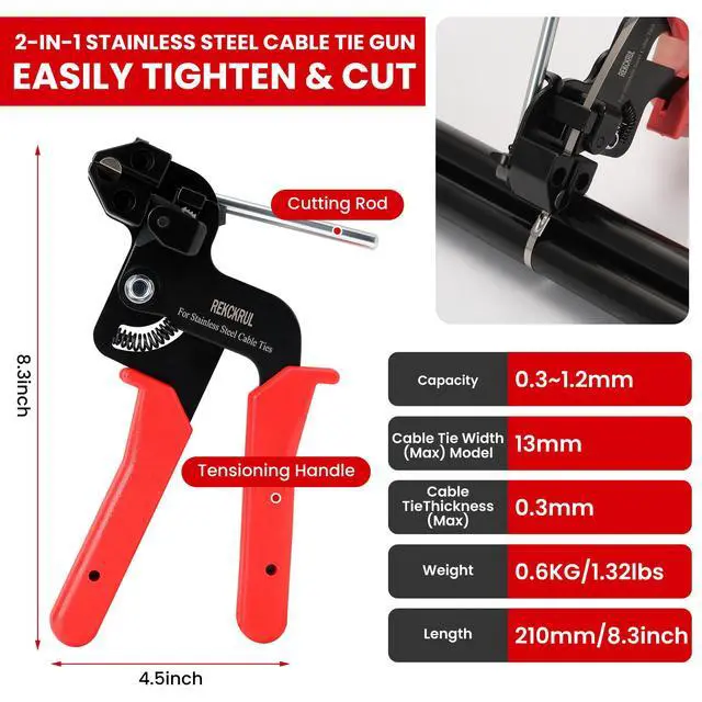 Alt view image 3 of 7 - Stainless Steel Cable Tie Gun Set Metal Zip Tie Tool Kit (Red) | Heavy Duty, 150PCS Self-Locking Ties, Adjustable Fastening & Cutting Tool for Outdoor Fencing, Automotive, Exhaust Pipes