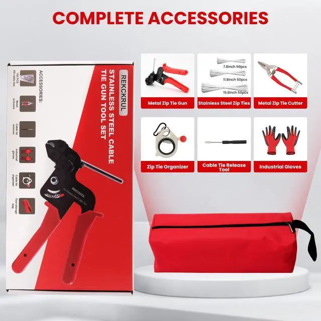 Alt view image 6 of 7 - Stainless Steel Cable Tie Gun Set Metal Zip Tie Tool Kit (Red) | Heavy Duty, 150PCS Self-Locking Ties, Adjustable Fastening & Cutting Tool for Outdoor Fencing, Automotive, Exhaust Pipes