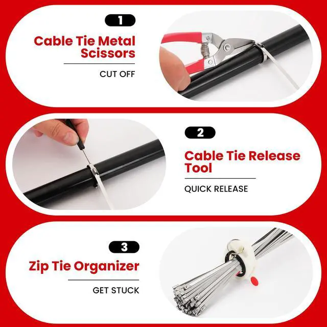 Alt view image 7 of 7 - Stainless Steel Cable Tie Gun Set Metal Zip Tie Tool Kit (Red) | Heavy Duty, 150PCS Self-Locking Ties, Adjustable Fastening & Cutting Tool for Outdoor Fencing, Automotive, Exhaust Pipes