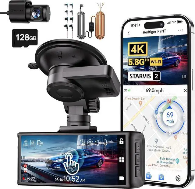 Main image of F7N Touch & Acc Hardwire Kit, 4K Dash Cam Front and Rear, STARVIS 2 Sensor, Touch Screen 3.18", 128GB Card Included, Voice Control, 5.8GHz WiFi Car Dash Camera, GPS, Night Vision