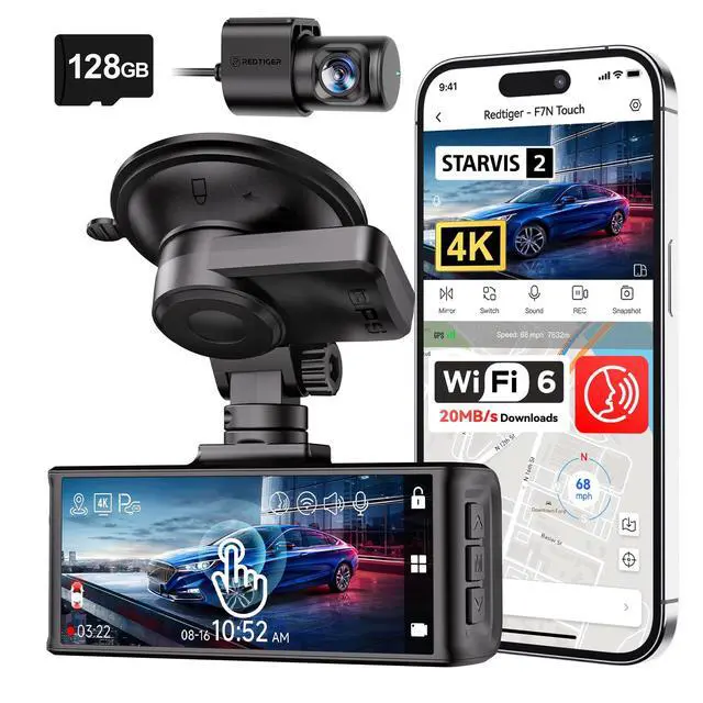 Main image of 4K STARVIS 2 Dashcam Front Rear, 5GHz WiFi 20MB/s, Free 128GB Card | Voice Control, Touch Screen, GPS, Loop Recording, Parking Mode, Audio Recording, WDR Night Vision, Supercapacitor(F7N Touch)