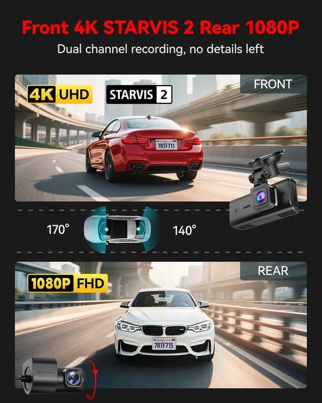 Alt view image 2 of 7 - 4K STARVIS 2 Dashcam Front Rear, 5GHz WiFi 20MB/s, Free 128GB Card | Voice Control, Touch Screen, GPS, Loop Recording, Parking Mode, Audio Recording, WDR Night Vision, Supercapacitor(F7N Touch)