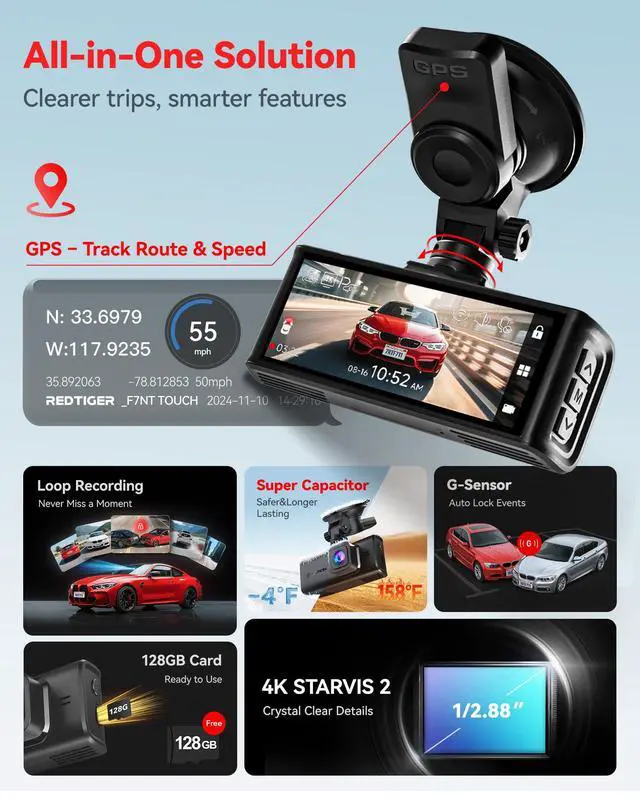 Alt view image 3 of 7 - 4K STARVIS 2 Dashcam Front Rear, 5GHz WiFi 20MB/s, Free 128GB Card | Voice Control, Touch Screen, GPS, Loop Recording, Parking Mode, Audio Recording, WDR Night Vision, Supercapacitor(F7N Touch)