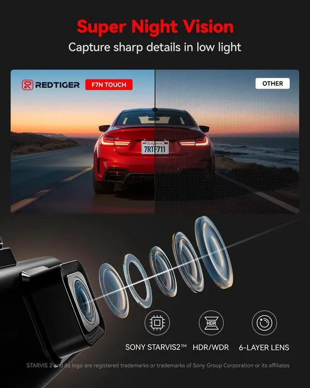 Alt view image 6 of 7 - 4K STARVIS 2 Dashcam Front Rear, 5GHz WiFi 20MB/s, Free 128GB Card | Voice Control, Touch Screen, GPS, Loop Recording, Parking Mode, Audio Recording, WDR Night Vision, Supercapacitor(F7N Touch)