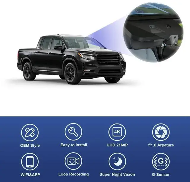 Alt view image 3 of 7 - 4K Dash Cam Suitable for Honda Ridgeline 2017-2026 RT RTS Trail Sport Black Edition RTL (DZ-0337), OEM Look, UHD 2160P Video, WiFi & APP, Loop Recording, G-Sensor, Plug & Play, 64GB Card