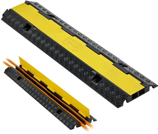 Main image of Cable Protector Ramp, 22,000 lbs/axle Capacity, 2 Channel Heavy Duty Rubber Cord Hose Wire Cover, 1.3 x 1.2 in Channel, Traffic Speed Bump with Flip-Open Top Cover, for Indoor Outdoor, 1 Pack