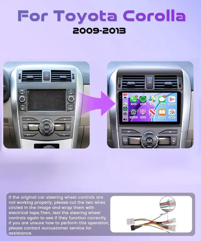 Alt view image 2 of 7 - 4G+64G Carplay Radio for Toyota Corolla 2009 2010 2011 2012 2013, Android 15 Car Stereo Android auto GPS WiFi 9 Touch Screen BT/FM Mirror Link RCA USB SWC Backup Camera