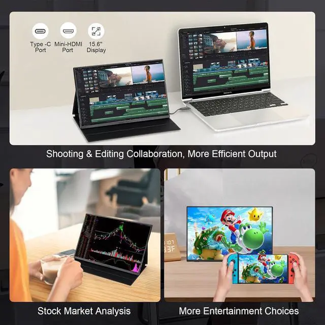 Alt view image 5 of 7 - 15.6" Touchscreen Portable Monitor FHD 1080P IPS/HDR Laptop Screen Extender for Gaming and Computer Display, Travel Monitor with Speaker Compatible with Laptop PC Phone PS Xbox Switch