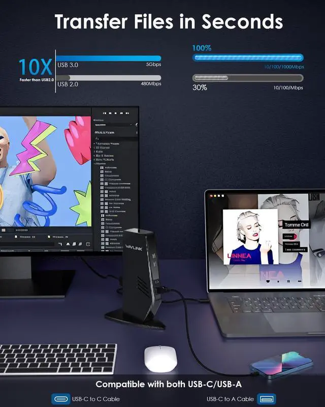 Alt view image 6 of 7 - Universal Laptop Docking Station - Dual Monitor Support for Windows and Mac, 5K/Dual 4K@60Hz (2 HDMI, 2 DP, 3 USB, 2 USB-C, Ethernet, Audio&Mic)