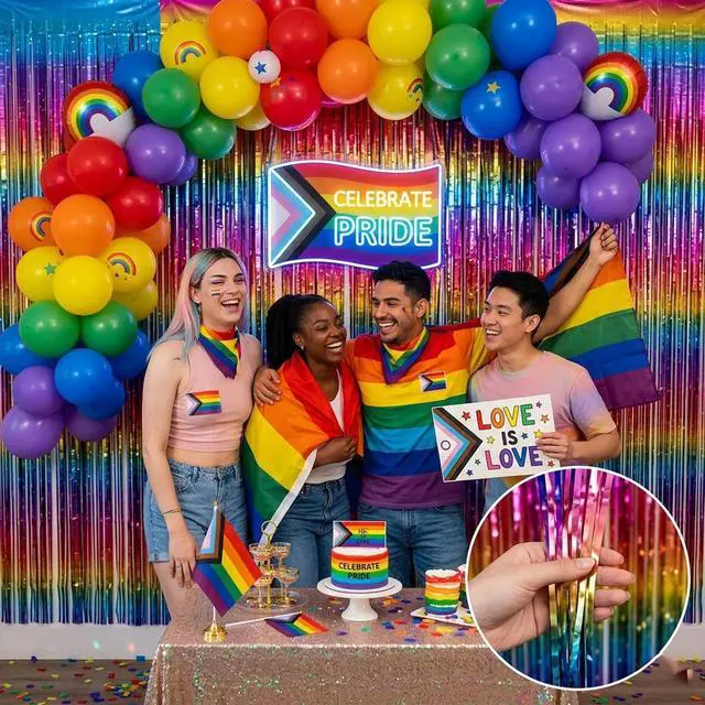 Alt view image 7 of 7 - Pack of 4 Sparkly Neon Rainbow Foil Fringe Curtain Backdrop Metallic Streamers Photo Booth Props for Birthday Bachelorette Gay Pride Day Graduation Wedding 80s 90s Disco Party Decorations -3.3x6.6Ft