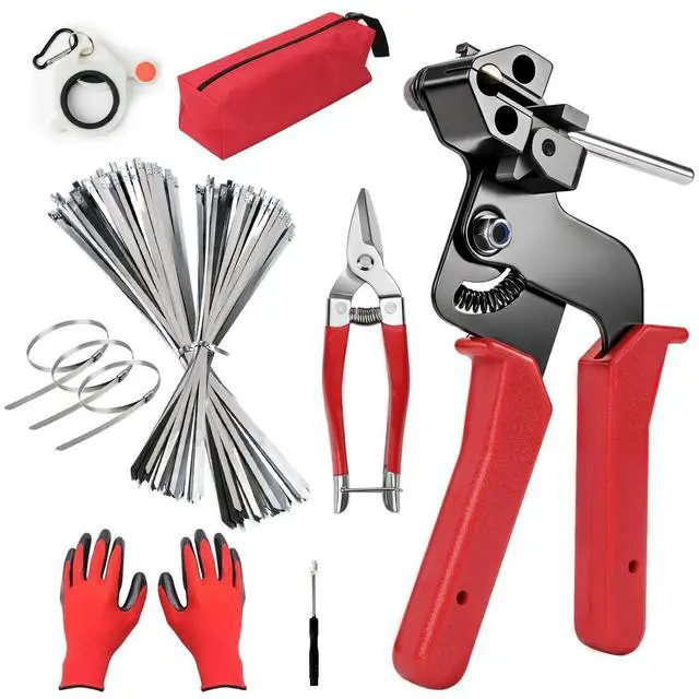 Main image of Metal Zip Ties Gun Set, 200Pcs Stainless Steel Cable Ties, Red | Heavy Duty Stainless Steel Cable Tie Gun Kit with 8 inch & 12 Inch Zip Ties for Chain Link Fence, Chicken Coop, Exhaust Pipes