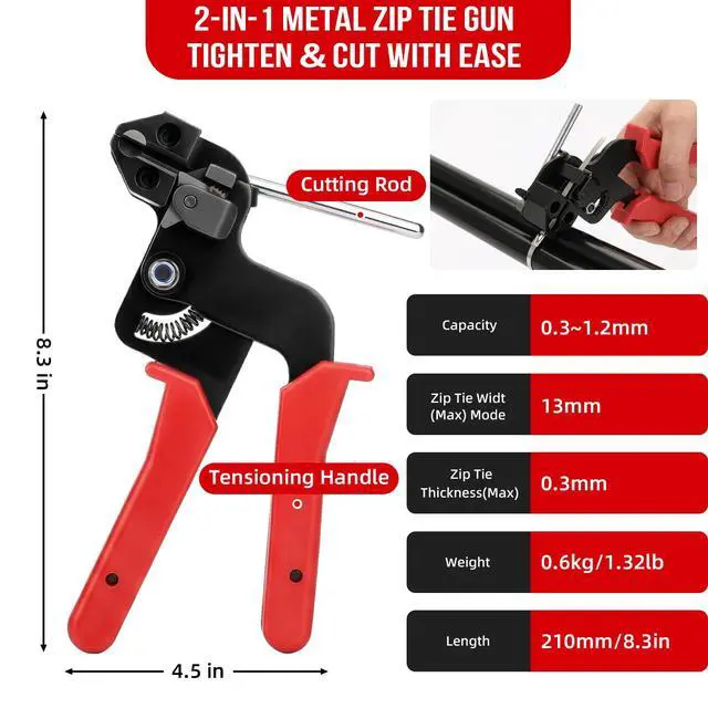 Alt view image 2 of 7 - Metal Zip Ties Gun Set, 200Pcs Stainless Steel Cable Ties, Red | Heavy Duty Stainless Steel Cable Tie Gun Kit with 8 inch & 12 Inch Zip Ties for Chain Link Fence, Chicken Coop, Exhaust Pipes