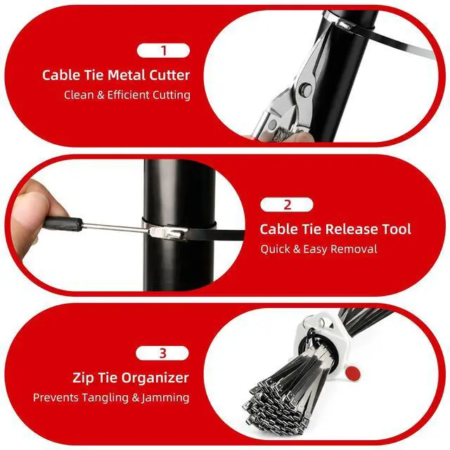 Alt view image 6 of 7 - Metal Zip Ties Gun Set, 200Pcs Stainless Steel Cable Ties, Red | Heavy Duty Stainless Steel Cable Tie Gun Kit with 8 inch & 12 Inch Zip Ties for Chain Link Fence, Chicken Coop, Exhaust Pipes