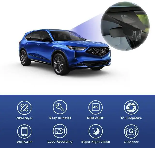 Alt view image 3 of 7 - 4K Dash Cam Suitable for Acura MDX 2022 2023 2024 with Auto Dimming (4th Gen), OEM Factory Look, UHD 2160P Video, Built-in WiFi & APP, Loop Recording, G-Sensor, Easy to Install, 64GB Card