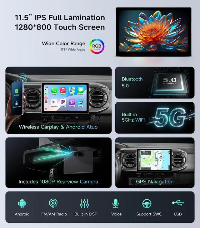 Alt view image 7 of 7 - Car Radio Stereo for Toyota Tacoma 2016-2023, Wireless CarPlay Android Auto | 11.5" HD touchscreen, 64G storage, 5G WiFi GPS Navigation, phone link, Bluetooth FM AM SWC, HD backup camera