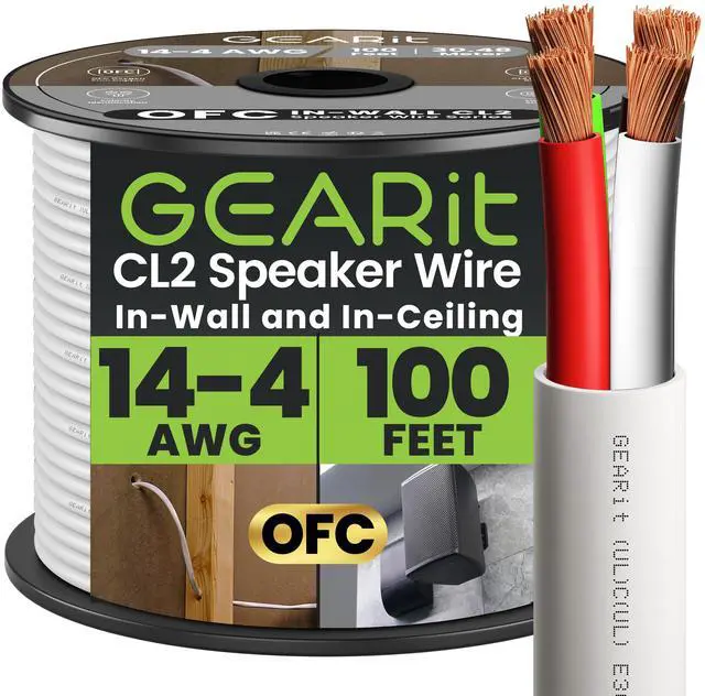 Main image of in Wall Speaker Wire,OFC Speaker Wire 14 Gauge 100FT UL CL2 Rated | 14 Gauge 14/4 Speaker Wire with Foot Markers,Polarity Marked for In-Wall Home Theater,Car Stereo,Commercial Audio(OFC,White)