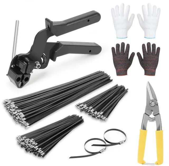 Main image of Stainless Steel Cable Tie Gun Set, with 300PCS Black Metal Zip Ties (100 Each of 6, 8, 11.8 Inch), Adjustable Fastening Cutting Tie Tool Sets for Fencing, Exhaust Pipes, Automotive